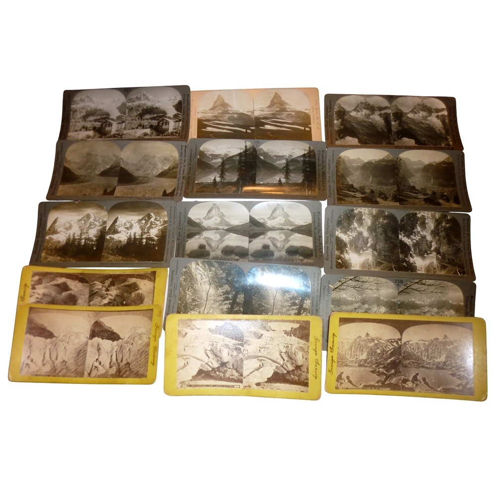 Lot of 15 Antique Stereoview Cards Keystone Swiss Alps Glaciers Lake Louise